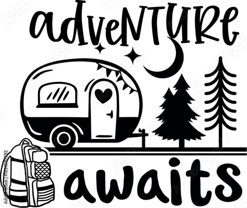 Adventure Awaits: Caravan emblem design, evoking wanderlust and a yearning for exploration. This design shows the silhouette of a trailer on the road, with words around it.