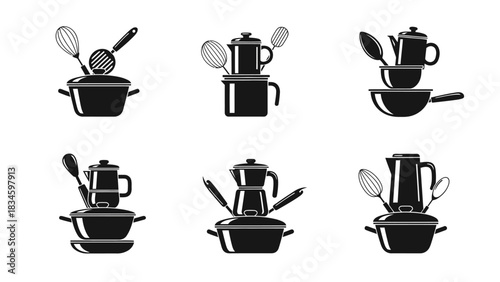 Collection of Kitchen Utensils Icons Black Symbols Cookware Cooking Equipment Pot Pan Spoon and Whisk Vector Illustration Isolated on White Background