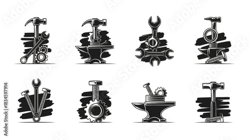 Set of Monochrome Vector Illustrations Featuring Tools Like Hammer Wrench Anvil and Gears Industrial and Mechanical Theme Repair Symbols