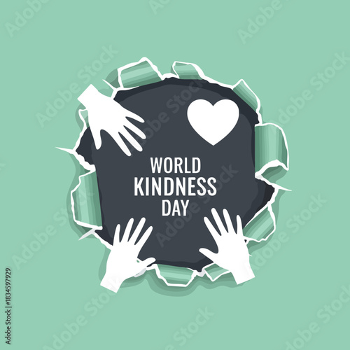 World Kindness Day global celebration through a ripped paper effect with reaching hands for a community awareness graphic
