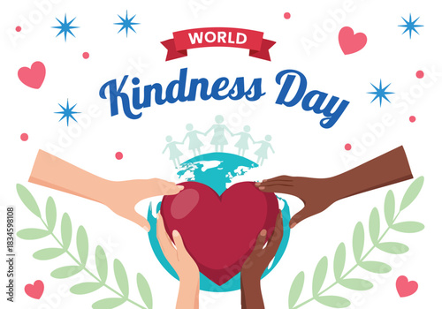 Global hands embracing a heart against a backdrop of solidarity and environmental symbols for celebration to inspire unity and compassion worldwide