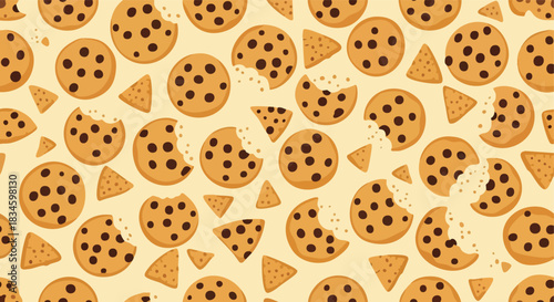 Delicious chocolate chip cookie seamless pattern on a light background for sweet food design assets