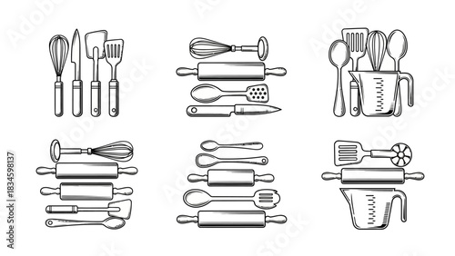 Variety of Kitchen Utensils and Cooking Tools Arranged for Culinary Art, Gastronomy Themed Designs, Ideal for Recipe Illustrations and Food Preparation Concepts in Black and White