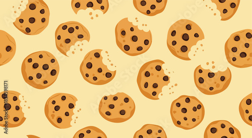 Delicious chocolate chip cookies scattered on a warm yellow background creating a playful sweet dessert pattern illustration