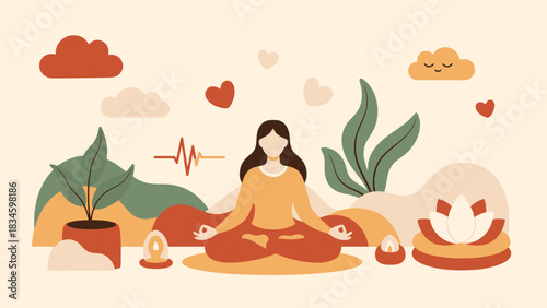 Flat vector illustration of peaceful meditation and mental wellness surrounded by abstract nature.