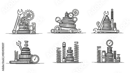 Set of car repair tools vector illustration automotive service equipment wrench gears springs pressure gauge bolt nut mechanical parts maintenance fixing industry