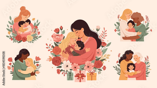 A collage of loving, diverse mothers hugging children, celebrating motherhood and family.