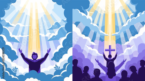 Stylized vector illustration of worshipers reaching towards divine light and a holy cross.