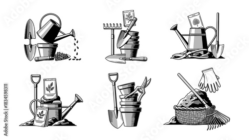 Set of gardening tools vector illustration in engraving style garden care equipment shovel rake watering can pot seeds trowel hand gloves gardener instrument