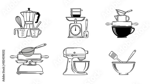Set of kitchen utensils vector illustration cooking tools cookware baking equipment food preparation whisk measuring cups scales mixer culinary appliances