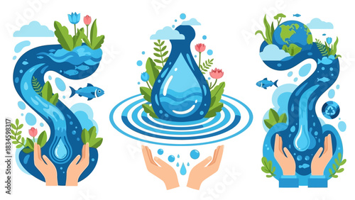 Hands protect freshwater resources and global ecology with flowing rivers and environmental elements.