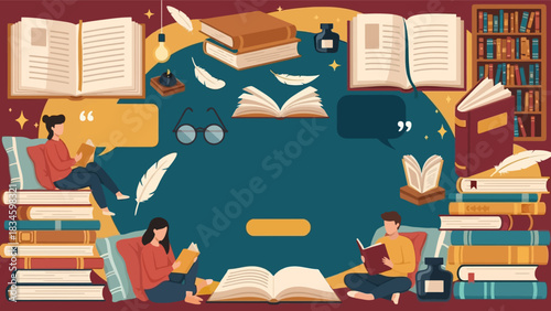 Detailed vector background depicting students reading among stacked books and classic literary elements.