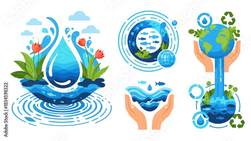 Flat design set illustrating water protection, environmental ecology, and global conservation symbols.