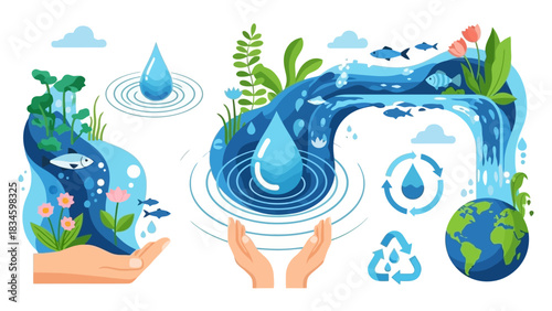 Protecting clean water resources and natural ecology with hands and a vibrant stream illustration.
