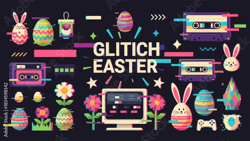 Retro cyberpunk Easter banner featuring stylized rabbits, eggs, and vintage technology with glitch effects.