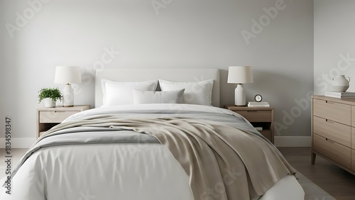 Bright bedroom interior featuring a made bed with white linens and a beige throw, flanked by nightstands with lamps and a dresser.