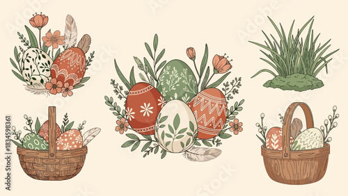 Bohemian style illustration set featuring Easter eggs, spring flowers, baskets, and natural elements.