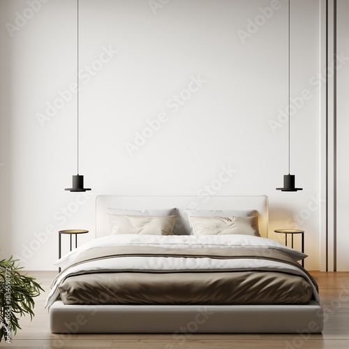 Cloud dancer trend color of the year 2026 - white tone clean minimal bedroom. Empty painted wall canvas art. Mockup light background interior design rich home or hotel. Accent color scene. 3d render