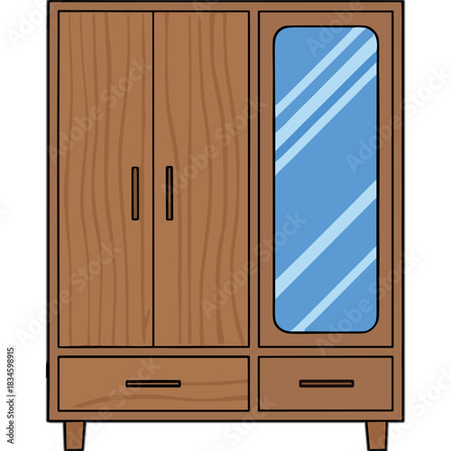 A Simple Wooden Wardrobe With Two Doors And Two Drawers Featuring A Tall Mirror On The Right Side And A Brown Wood Grain Texture With A Clear Blue Sky Reflection In The Mirror