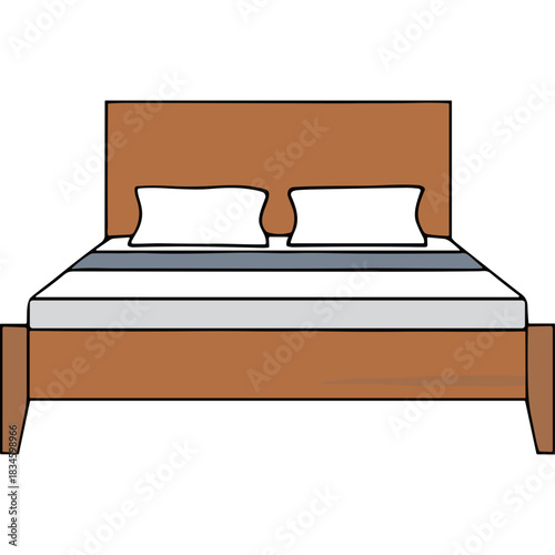 A Simply Illustrated Wooden Bed Frame with Two White Pillows and Gray and White Bedding Against a Black Background