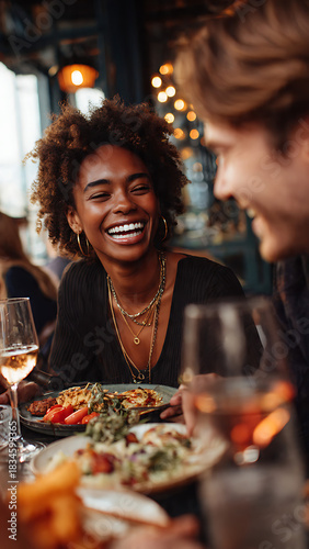 A close-up shot of two diverse friends laughing while sharing a meal and drinks at a restaurant table.
