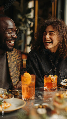 A close-up shot of two diverse friends laughing while sharing a meal and drinks at a restaurant table.