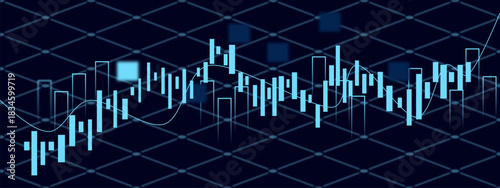 Stock market chart with blue candlestick graph and trading data on a dark background, Stock market finance chart with business trading analytics, exchange data, and financial growth graph
