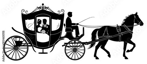 Romantic Horse Drawn Carriage with Wedding Couple Inside Silhouette Vector