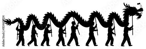 Traditional Chinese Dragon Dance Parade with Performers Silhouette Vector Illustration