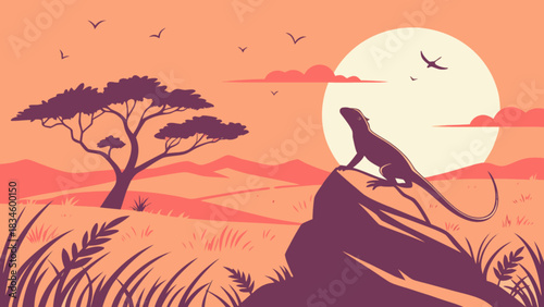 A lizard perched atop a rock against a setting sun with birds and tree silhouette view image