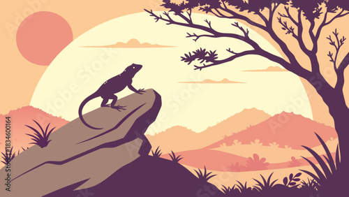 Silhouette of a lizard on a rock with a tree and mountains against a sunset landscape scene view