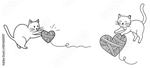 Cute Cats Playing With Heart Shaped Yarn Balls Vector Line Art Illustration For Valentine Day Design