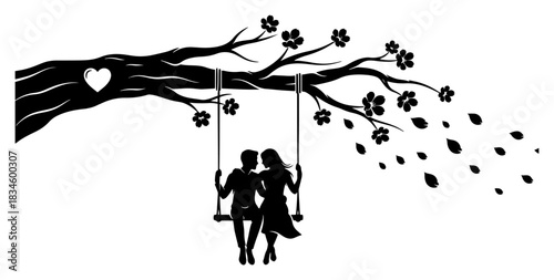 Loving Couple Sitting On Swing Under Tree Branch With Falling Leaves Silhouette Vector Design