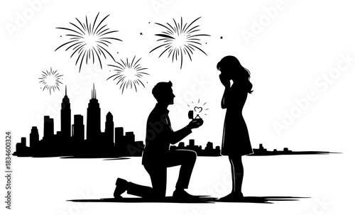 Romantic Marriage Proposal Silhouette With City Skyline And Fireworks Celebration Vector Illustration