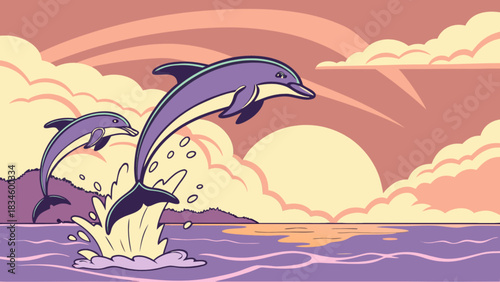 Two dolphins leaping from the ocean at sunset with clouds and a distant landmass in the background