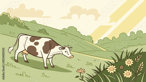 Cartoon illustration of a cow grazing in a green field with flowers and rolling hills in the background