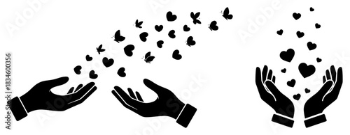 Human Hands Releasing Hearts and Butterflies Symbolizing Love Care and Charity Vector Illustration
