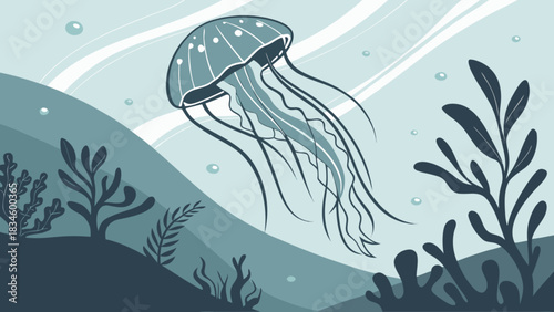 Illustration of a jellyfish with long tentacles swimming in an underwater environment with plants
