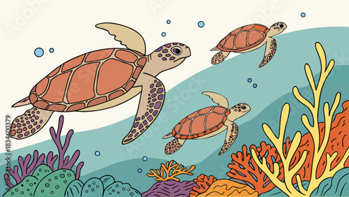 Illustration of three sea turtles swimming in the ocean with coral and bubbles around them underwater