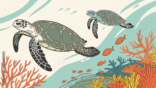 Two sea turtles swimming gracefully near a vibrant coral reef with small fish in the ocean water
