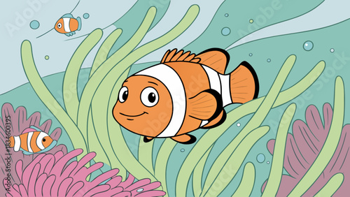 Cartoon clownfish swimming among sea anemones and seaweed in a colorful underwater scene illustration