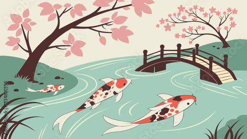 Illustration of a serene pond with koi fish, a bridge, and cherry blossom trees in a japanese garden