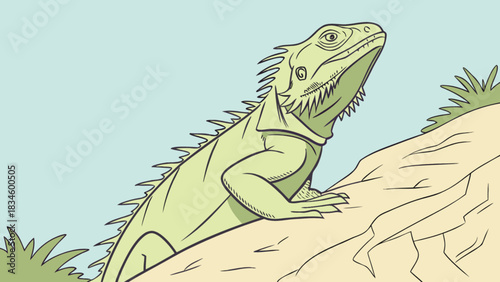 Illustration of a light green iguana perched atop a tan rock formation against a light blue sky background