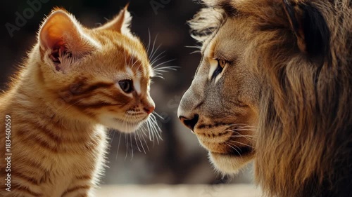 Two animals, one a lion the other a kitten, gaze into each others' eyes