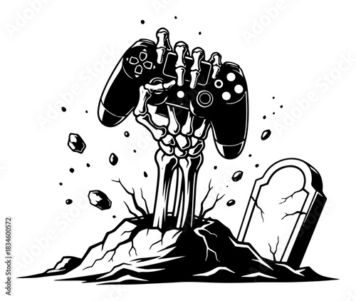 Skeleton Hand Holding Video Game Controller Rising From Grave With Tombstone Vector Illustration
