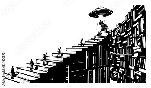 People Climbing Staircase of Giant Books Towards UFO in Surreal Library Vector Illustration
