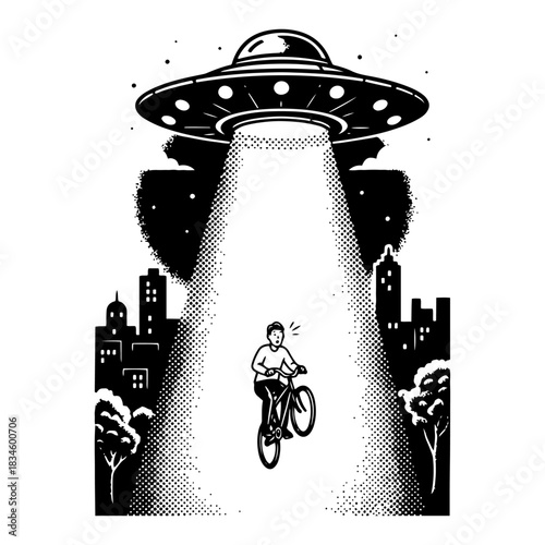 Retro sci-fi comic illustration of ufo spaceship abducting cyclist from city with halftone texture