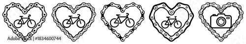 Heart shaped bicycle chain frames set with bike and camera icons for cycling enthusiasts and sport design