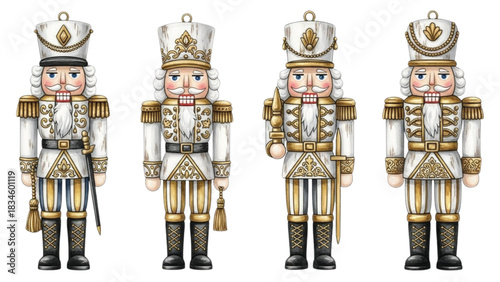White and Gold Nutcracker Soldiers Set, Elegant Christmas Toy Guards, Festive Holiday Illustration