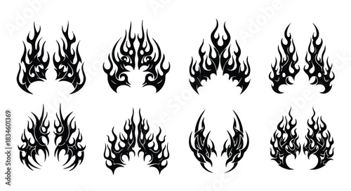 Black tribal flame designs vector elements isolated on a clean white background for graphic design use and decorative patterns